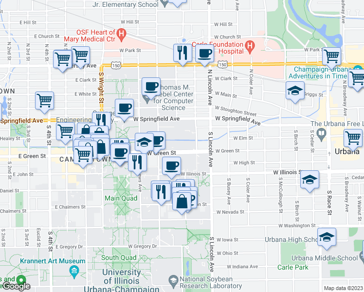 map of restaurants, bars, coffee shops, grocery stores, and more near 1010 West Green Street in Urbana