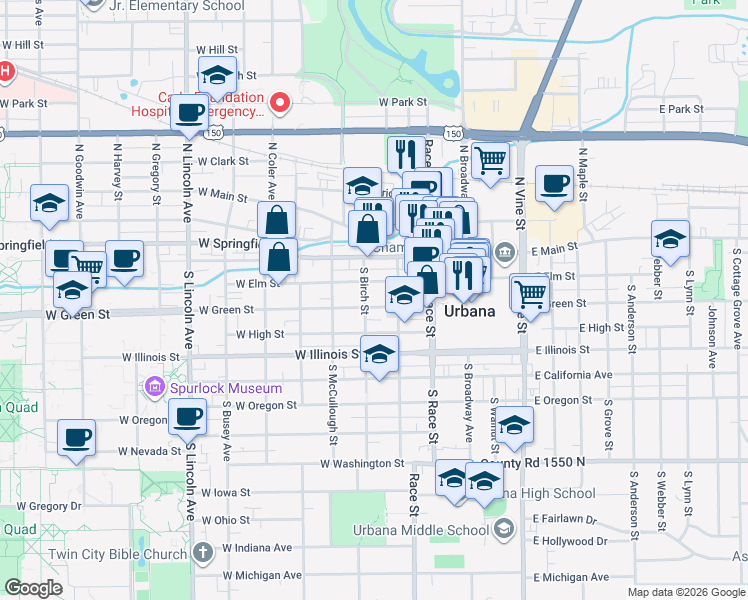 map of restaurants, bars, coffee shops, grocery stores, and more near 310 West Green Street in Urbana