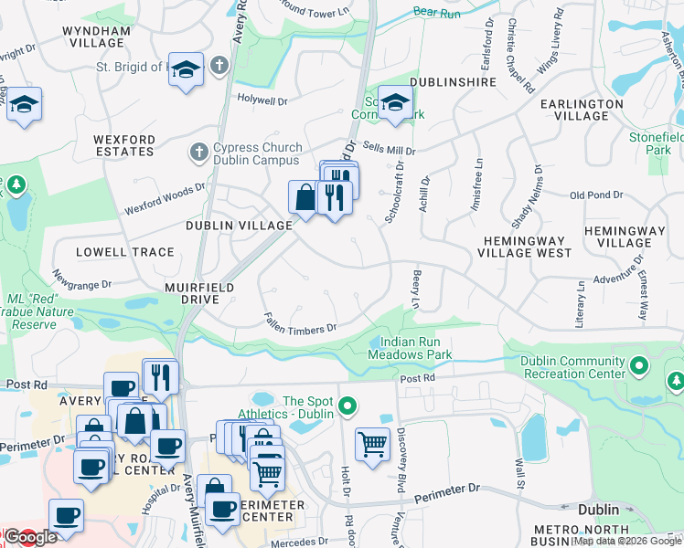 map of restaurants, bars, coffee shops, grocery stores, and more near 5988 Tara Hill Drive in Dublin