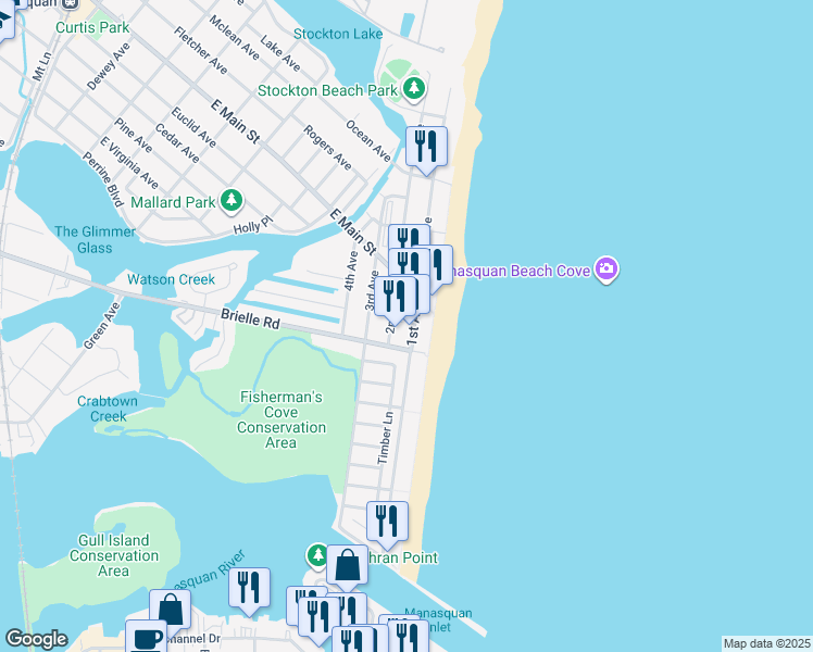 map of restaurants, bars, coffee shops, grocery stores, and more near 209 Beach Front in Manasquan