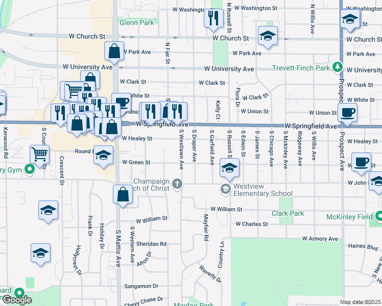 map of restaurants, bars, coffee shops, grocery stores, and more near 501 South Draper Avenue in Champaign