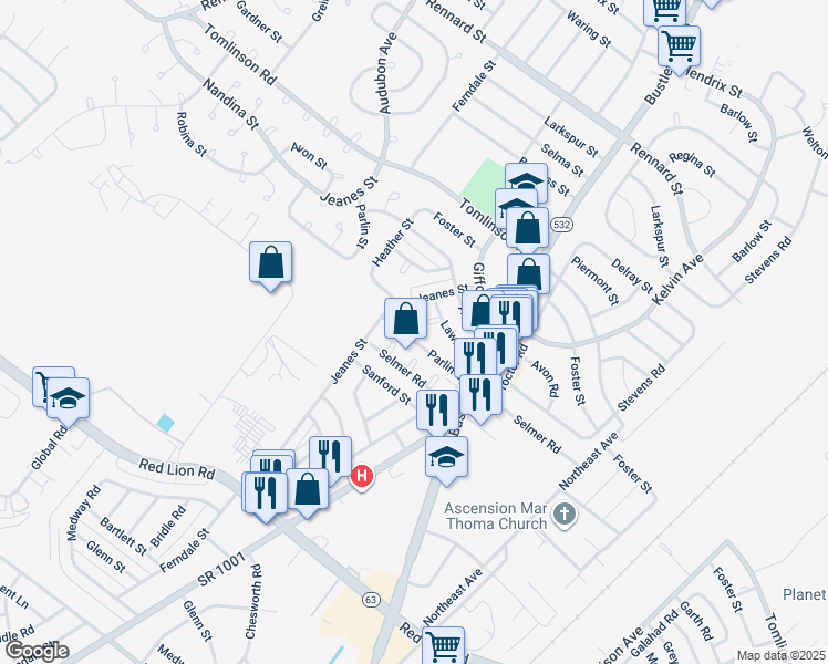 map of restaurants, bars, coffee shops, grocery stores, and more near 625 Parlin Street in Philadelphia