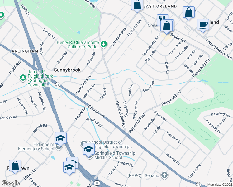 map of restaurants, bars, coffee shops, grocery stores, and more near 438 Oreland Mill Road in Oreland
