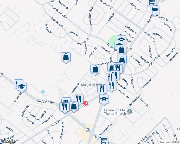 map of restaurants, bars, coffee shops, grocery stores, and more near 10231 Jeanes Street in Philadelphia
