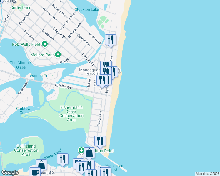 map of restaurants, bars, coffee shops, grocery stores, and more near 209 Beach Front in Manasquan