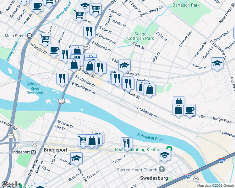 map of restaurants, bars, coffee shops, grocery stores, and more near 407 East Main Street in Norristown