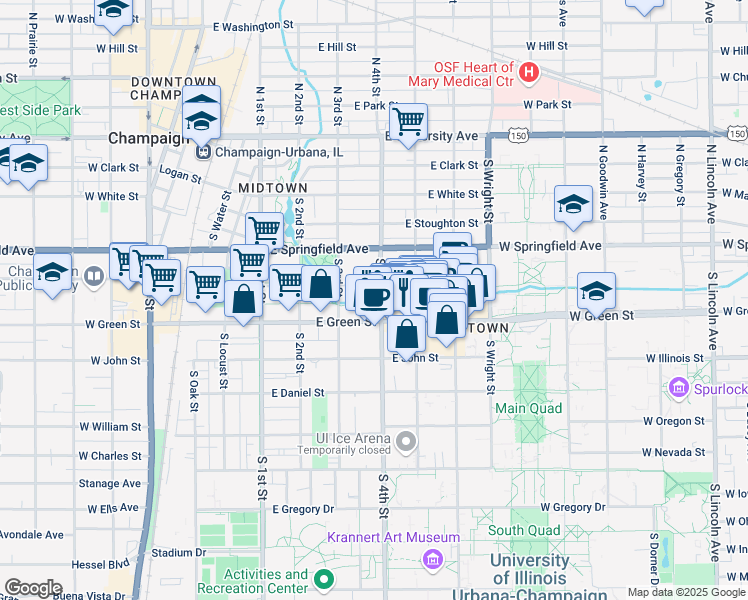 map of restaurants, bars, coffee shops, grocery stores, and more near 605 South 4th Street in Champaign