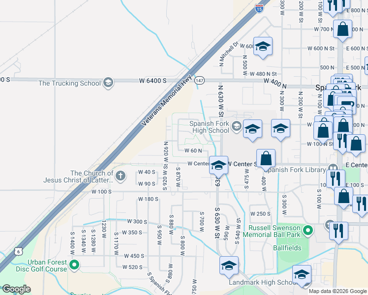 map of restaurants, bars, coffee shops, grocery stores, and more near 834 West 60 North in Spanish Fork