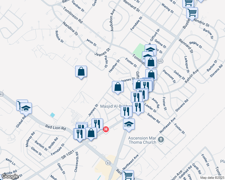 map of restaurants, bars, coffee shops, grocery stores, and more near 10747 Jeanes Street in Philadelphia