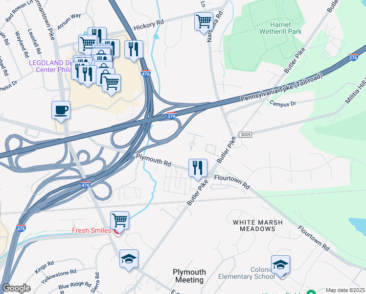 map of restaurants, bars, coffee shops, grocery stores, and more near Unnamed Road in Plymouth Meeting