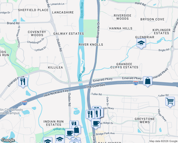 map of restaurants, bars, coffee shops, grocery stores, and more near 7049 Riverside Drive in Dublin