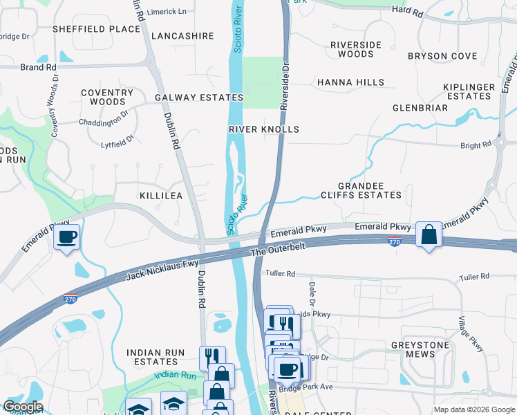 map of restaurants, bars, coffee shops, grocery stores, and more near 7049 Riverside Drive in Dublin