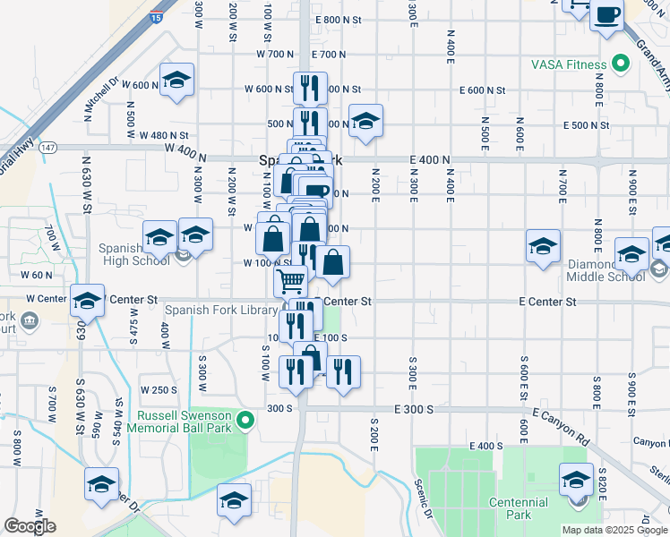 map of restaurants, bars, coffee shops, grocery stores, and more near 45 East 100 North in Spanish Fork