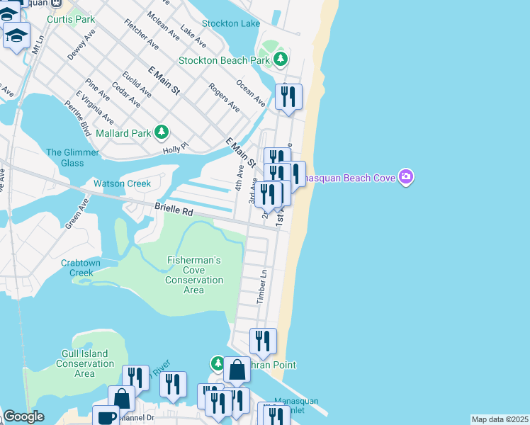 map of restaurants, bars, coffee shops, grocery stores, and more near 212 3rd Avenue in Manasquan