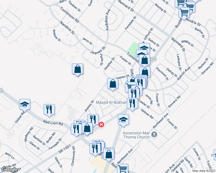 map of restaurants, bars, coffee shops, grocery stores, and more near 10747 Jeanes Street in Philadelphia