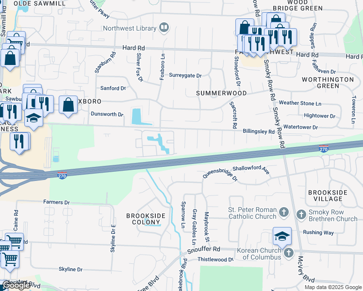 map of restaurants, bars, coffee shops, grocery stores, and more near 7603 Pickett Lane in Columbus