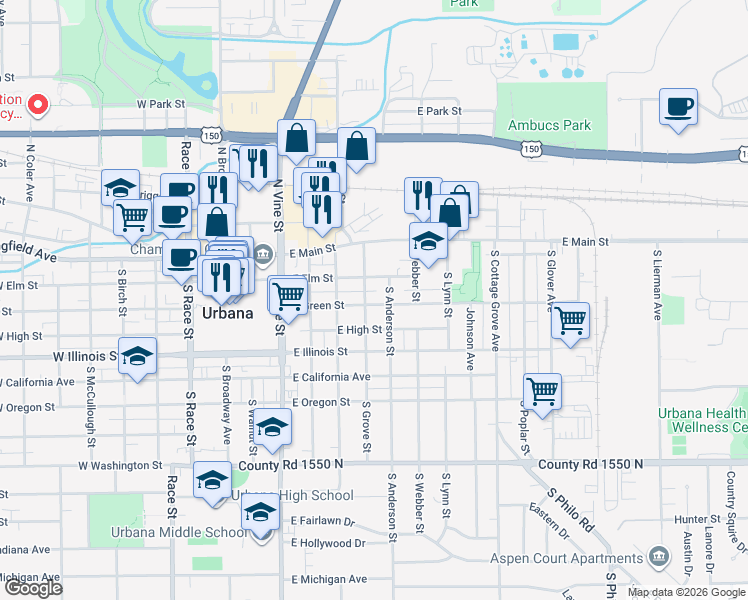 map of restaurants, bars, coffee shops, grocery stores, and more near 201 South Grove Street in Urbana