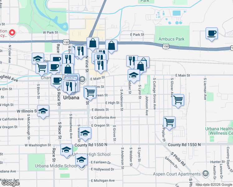 map of restaurants, bars, coffee shops, grocery stores, and more near 201 South Grove Street in Urbana