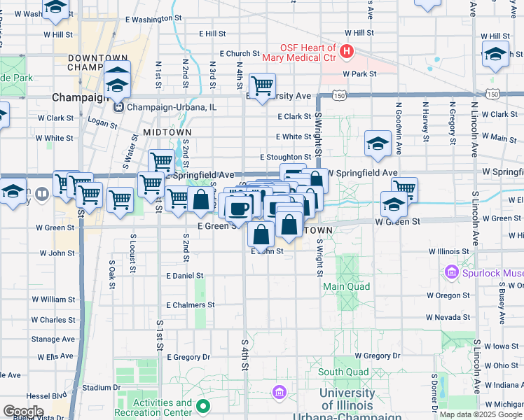map of restaurants, bars, coffee shops, grocery stores, and more near 403 East Healey Street in Champaign