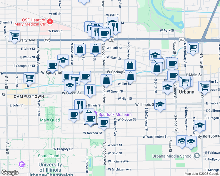 map of restaurants, bars, coffee shops, grocery stores, and more near 109 South Busey Avenue in Urbana