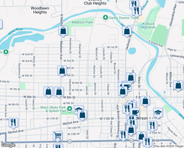 map of restaurants, bars, coffee shops, grocery stores, and more near 433 West 4th Street in Anderson