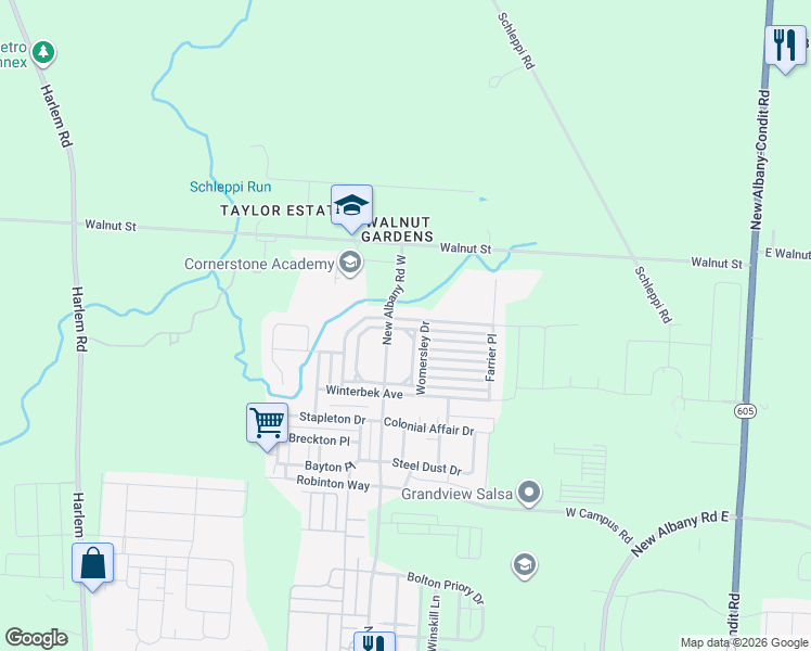 map of restaurants, bars, coffee shops, grocery stores, and more near 7118 Upper Albany Drive in New Albany