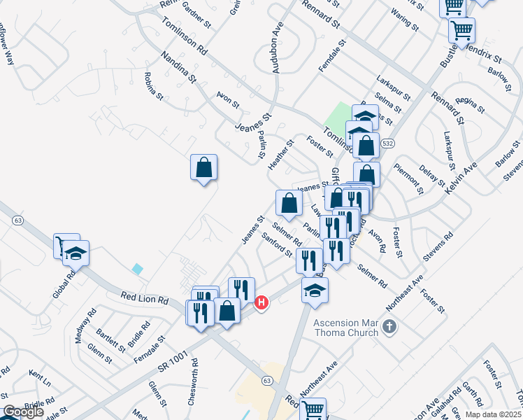 map of restaurants, bars, coffee shops, grocery stores, and more near 10222 Jeanes Street in Philadelphia