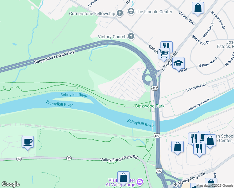 map of restaurants, bars, coffee shops, grocery stores, and more near 100 Woodland Lane in Norristown