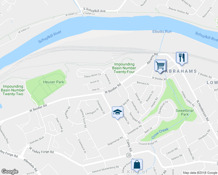 map of restaurants, bars, coffee shops, grocery stores, and more near 837 Rosehill Drive in King of Prussia