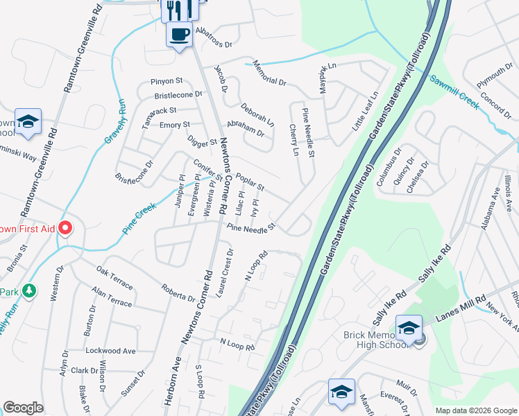 map of restaurants, bars, coffee shops, grocery stores, and more near 13 Ivy Place in Howell Township
