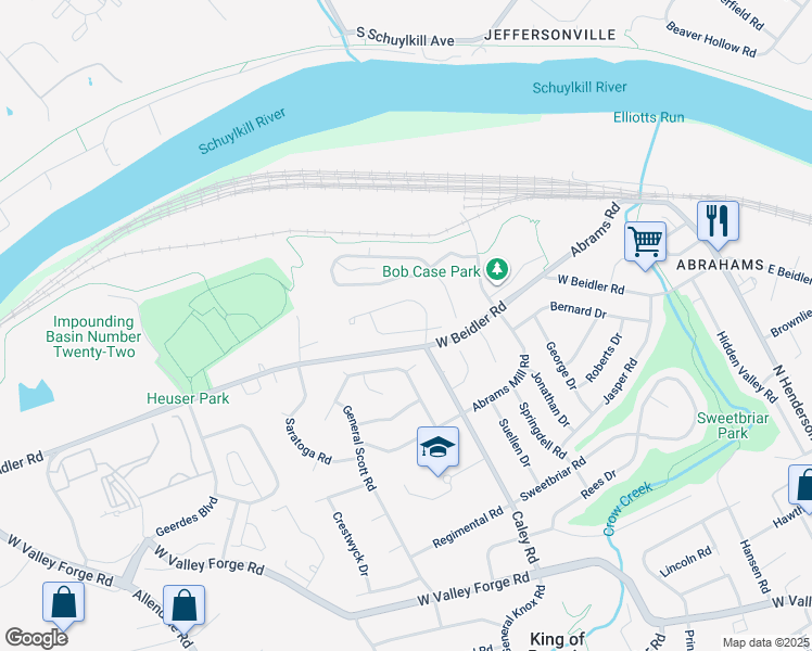map of restaurants, bars, coffee shops, grocery stores, and more near 406 Jean Drive in King of Prussia