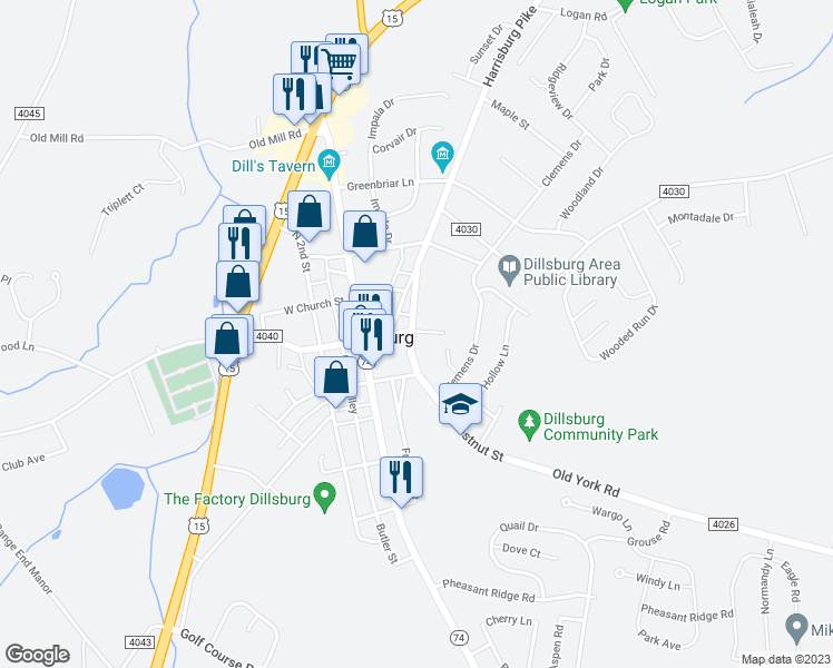 map of restaurants, bars, coffee shops, grocery stores, and more near 1 South Chestnut Street in Dillsburg