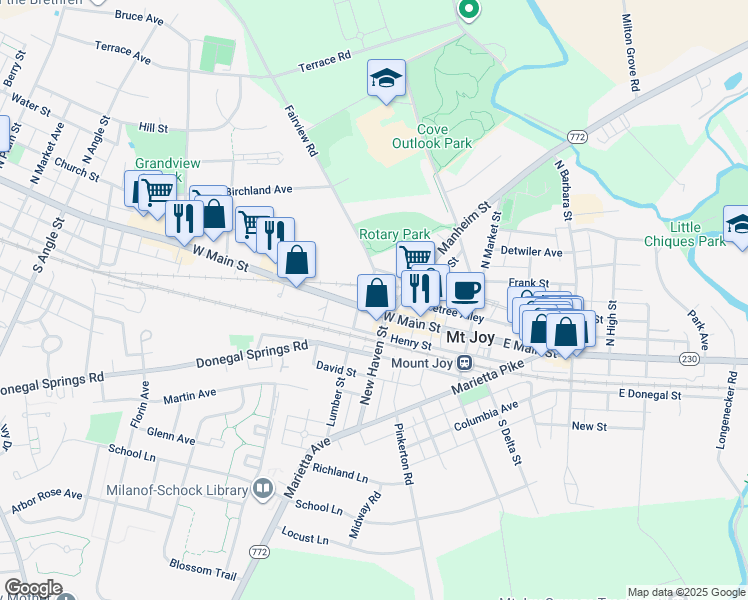 map of restaurants, bars, coffee shops, grocery stores, and more near 119 West Main Street in Mount Joy