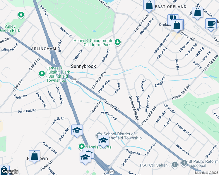 map of restaurants, bars, coffee shops, grocery stores, and more near 1508 Niessen Road in Oreland