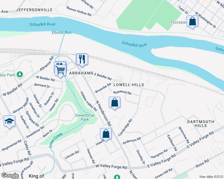 map of restaurants, bars, coffee shops, grocery stores, and more near 179 Redwood Road in King of Prussia