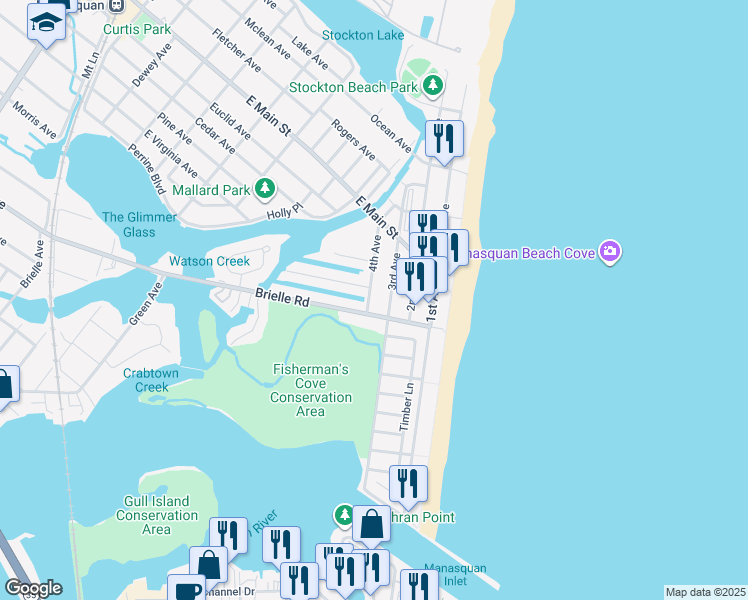 map of restaurants, bars, coffee shops, grocery stores, and more near 207 4th Avenue in Manasquan