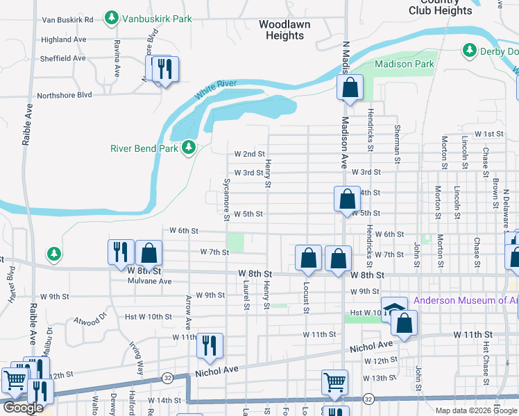map of restaurants, bars, coffee shops, grocery stores, and more near 1331 West 4th Street in Anderson