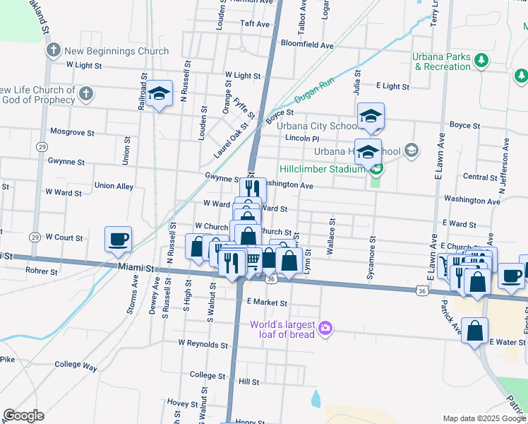 map of restaurants, bars, coffee shops, grocery stores, and more near 125 East Ward Street in Urbana