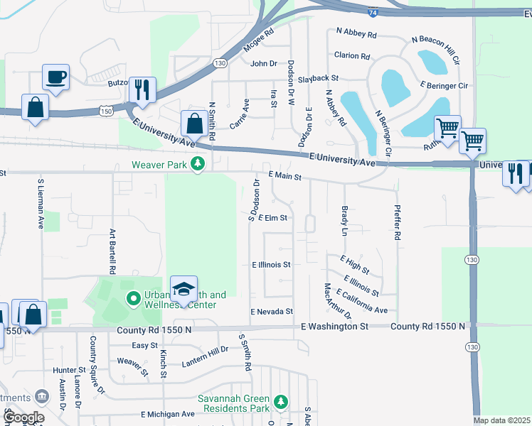 map of restaurants, bars, coffee shops, grocery stores, and more near 121 Scottswood Drive in Urbana