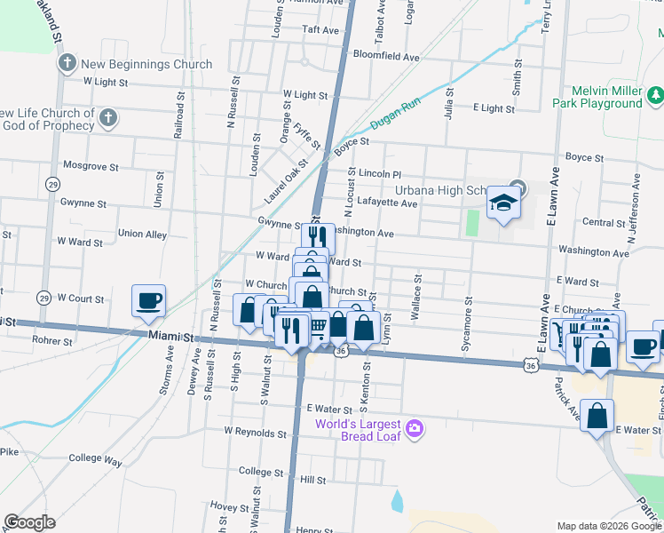 map of restaurants, bars, coffee shops, grocery stores, and more near 125 East Ward Street in Urbana