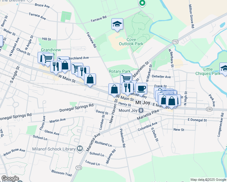 map of restaurants, bars, coffee shops, grocery stores, and more near 119 West Main Street in Mount Joy