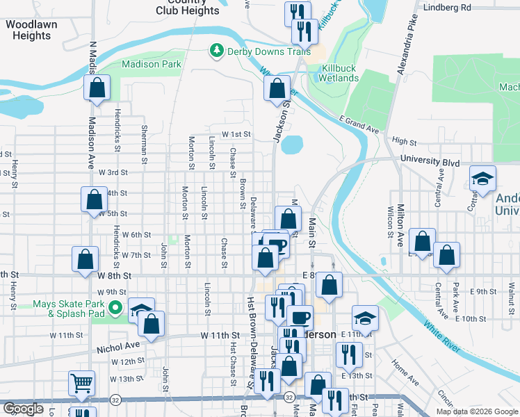 map of restaurants, bars, coffee shops, grocery stores, and more near 124 West 5th Street in Anderson