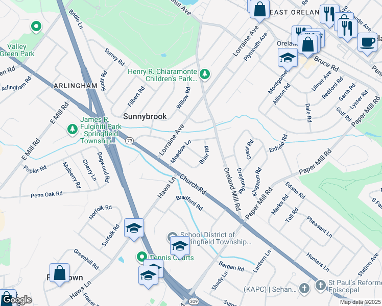 map of restaurants, bars, coffee shops, grocery stores, and more near 1508 Niessen Road in Oreland