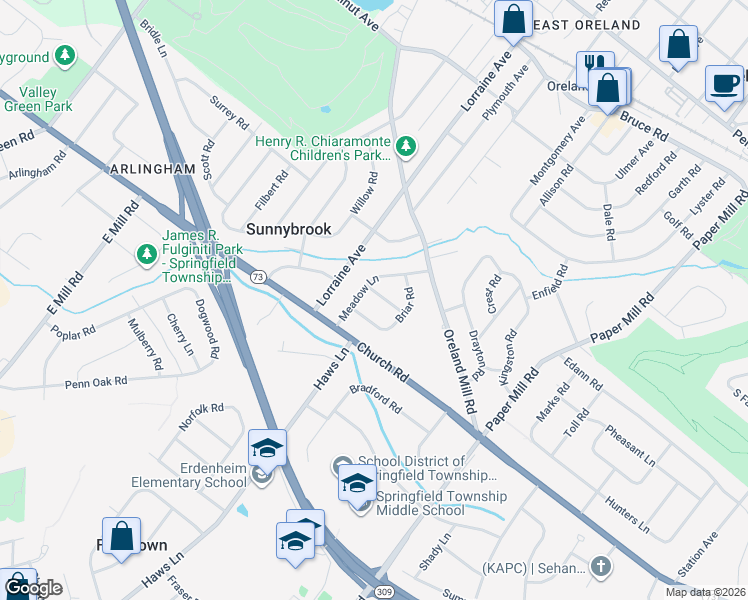 map of restaurants, bars, coffee shops, grocery stores, and more near 1509 Niessen Road in Oreland