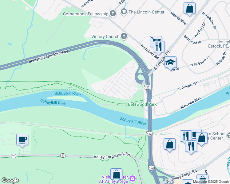 map of restaurants, bars, coffee shops, grocery stores, and more near 26 Franklin Drive in Norristown