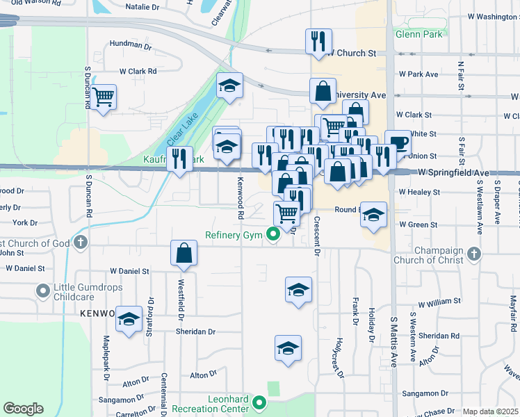 map of restaurants, bars, coffee shops, grocery stores, and more near 502 Kenwood Road in Champaign