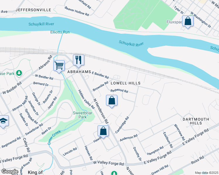 map of restaurants, bars, coffee shops, grocery stores, and more near 179 Redwood Road in King of Prussia