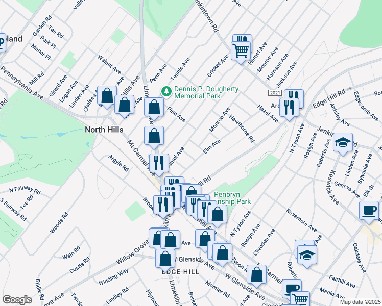 map of restaurants, bars, coffee shops, grocery stores, and more near 2718 Ivy Lane in Glenside