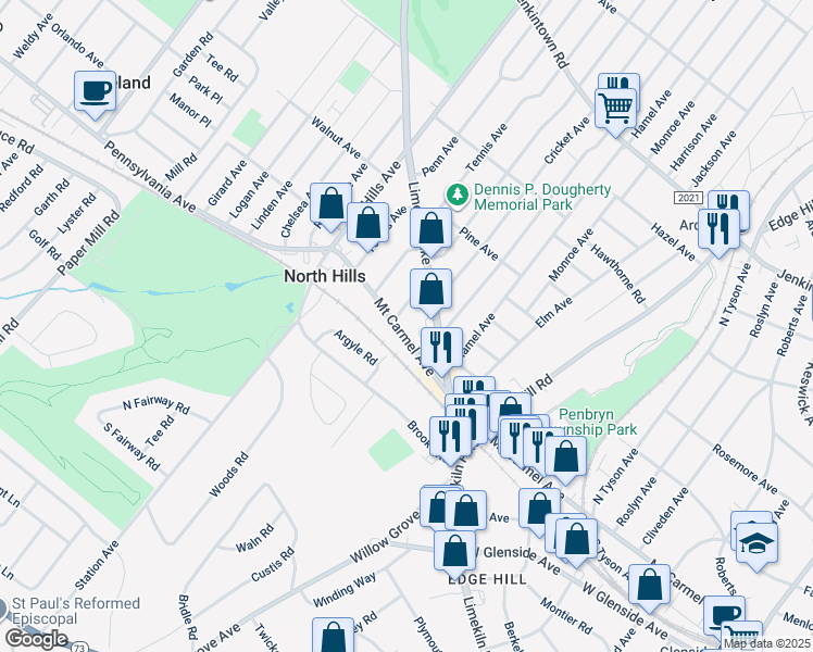 map of restaurants, bars, coffee shops, grocery stores, and more near 2825 Mount Carmel Avenue in Glenside