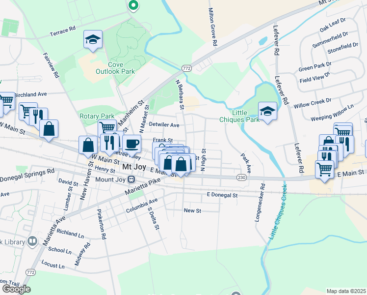 map of restaurants, bars, coffee shops, grocery stores, and more near 122 North Barbara Street in Mount Joy